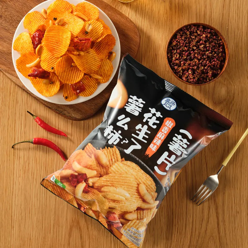 原切薯片花生了薯么柿（椒香麻辣味） NEWWA HM Spicy Potato Chips With Peanuts & Rice Crackers, 150G – product photo 8